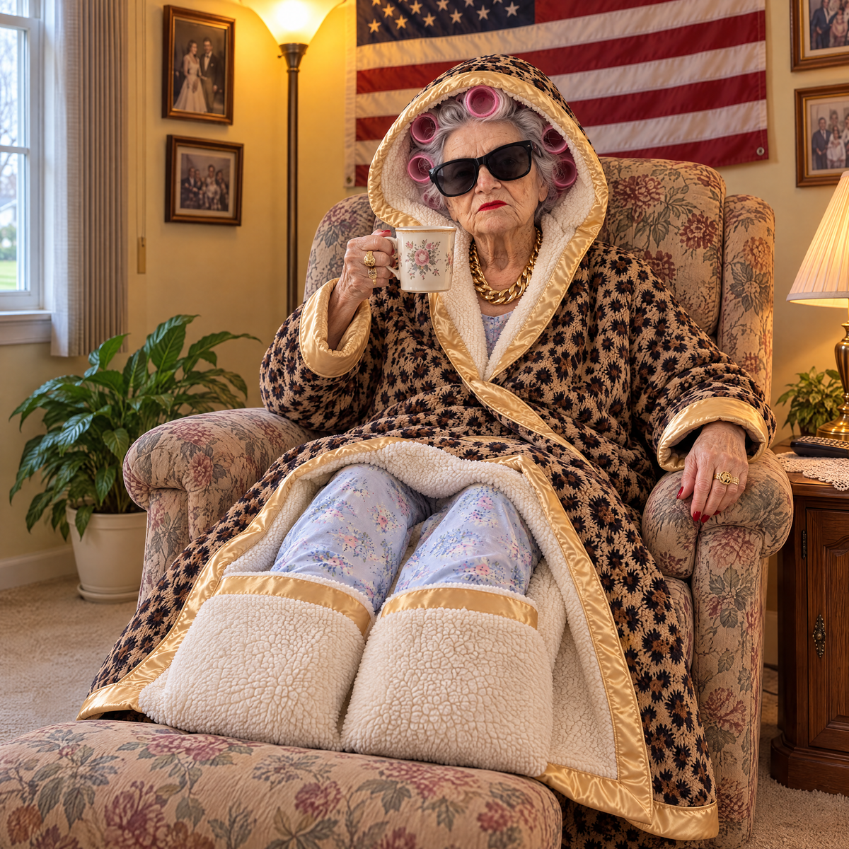 Feet tucked into the sherpa foot pockets inside the robe