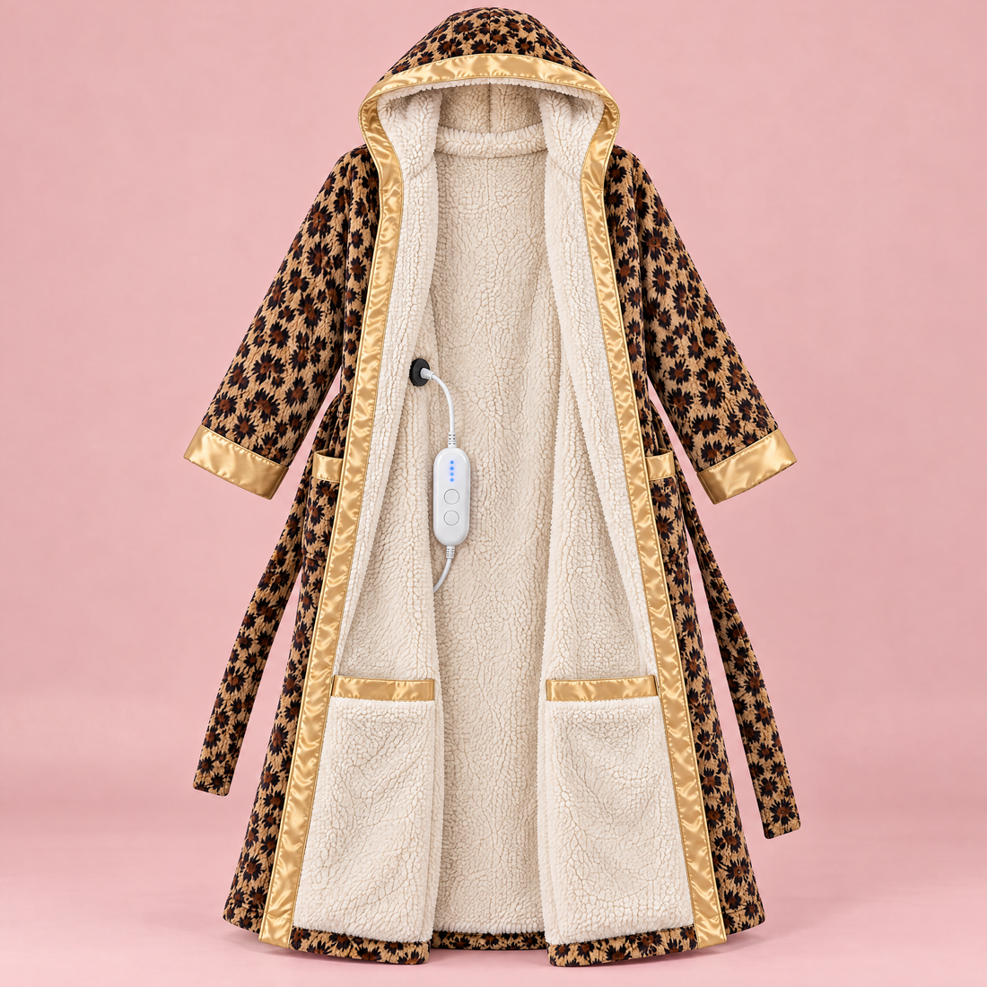 Inside of the robe: sherpa lining and foot pockets