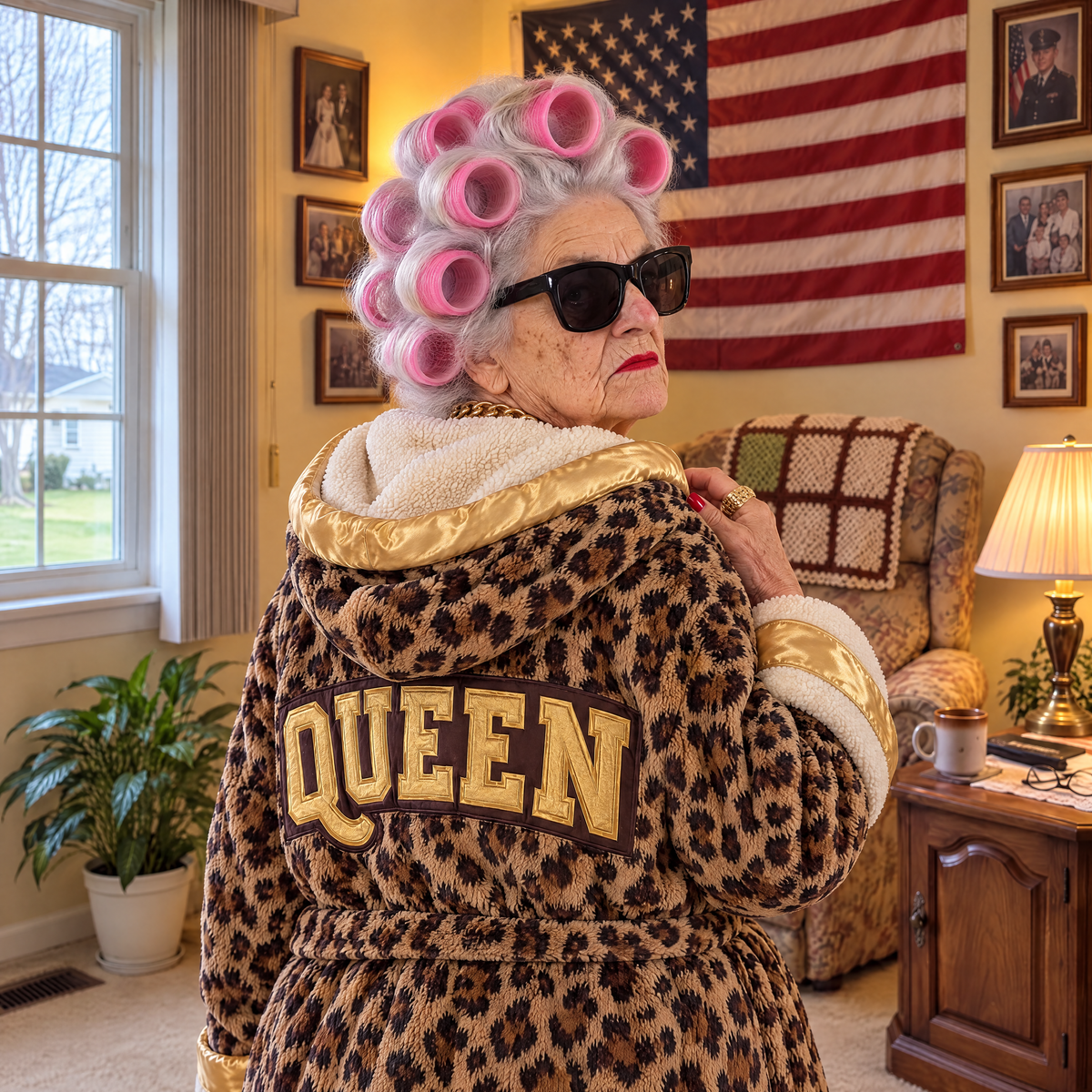 QUEEN lettering on the back of the robe