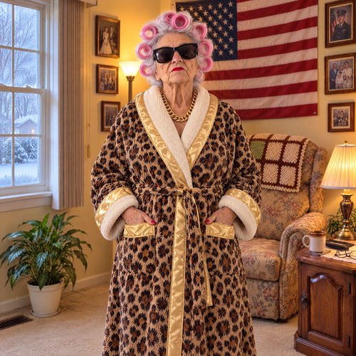 Nana wearing the leopard QUEEN heated robe