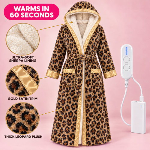 The QUEEN Heated Robe with sherpa lining, gold satin trim, controller and power bank