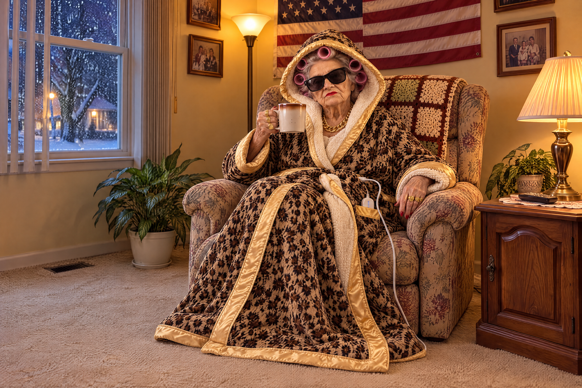 Nana in her armchair wearing the QUEEN heated robe